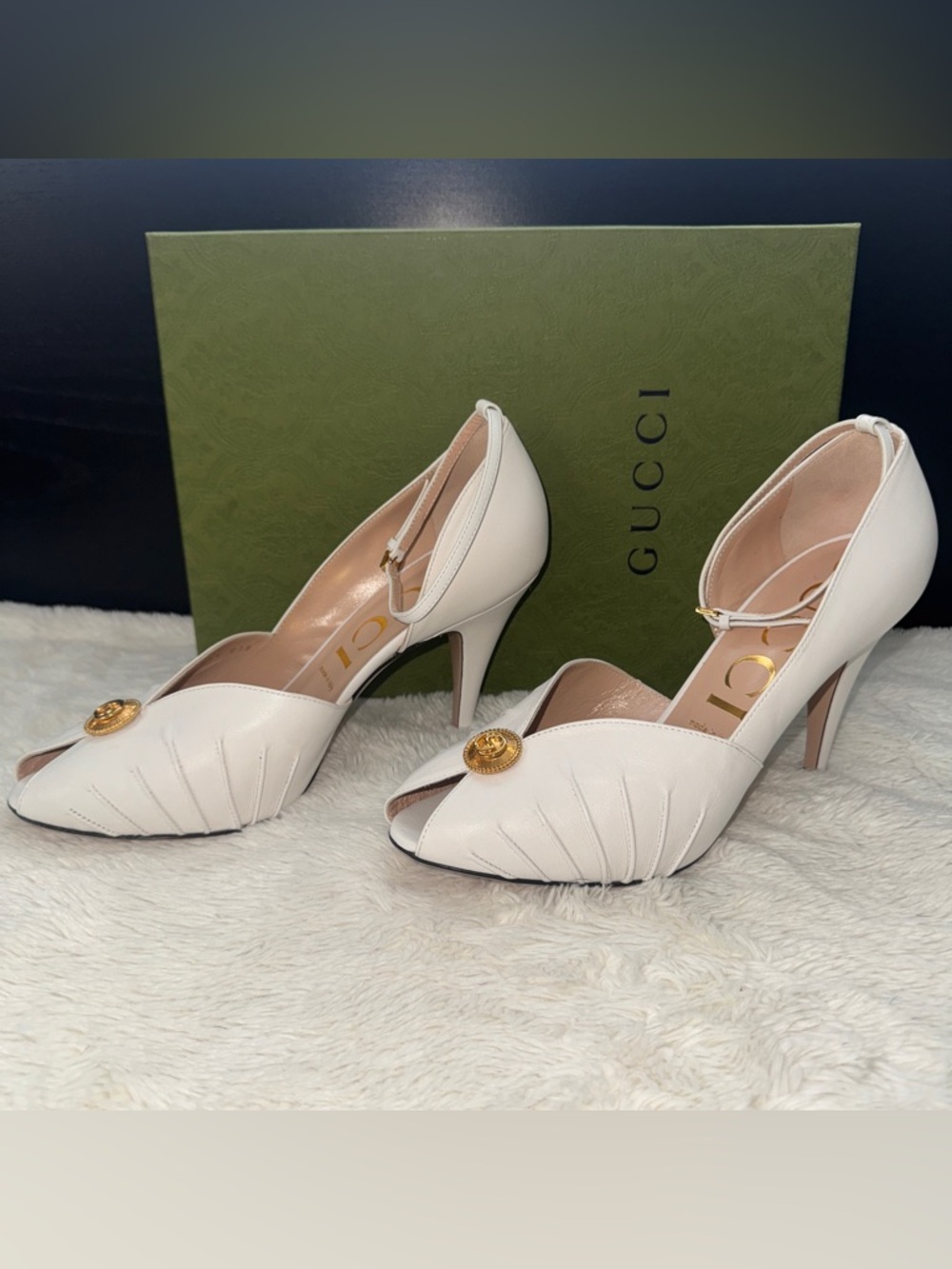 Gucci Ivory Peep-Toe Ankle-Strap Heels with Gold Medallion - Picture 5 of 10